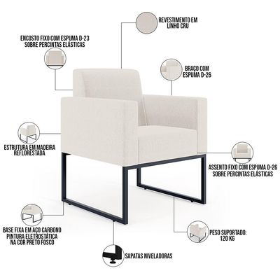 Kit 03 Poltronas Decorativas para Sala e Recepção Base Fixa De Metal Helô L02 Linho Cru - Lyam Decor