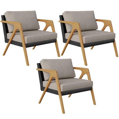 Kit 03 Poltronas Decorativas Para Sala Estar Pietra L02 Couríssimo Preto Linho Bege - Lyam Decor