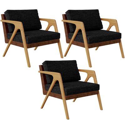 Kit 03 Poltronas Decorativas Sala De Estar Pietra L02 Couríssimo Marrom Linho Chumbo - Lyam Decor