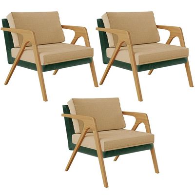 Kit 03 Poltronas Decorativas Sala Estar Pietra L02 Facto Verde Musgo Linho Bege Escuro - Lyam Decor