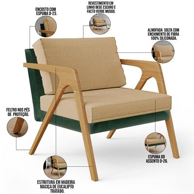 Kit 03 Poltronas Decorativas Sala Estar Pietra L02 Facto Verde Musgo Linho Bege Escuro - Lyam Decor
