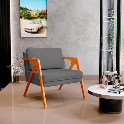 Kit 03 Poltronas Decorativa Para Sala Estar Pietra Estrutura De Madeira L02 Suede Cinza - Lyam Decor