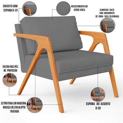 Kit 03 Poltronas Decorativa Para Sala Estar Pietra Estrutura De Madeira L02 Suede Cinza - Lyam Decor
