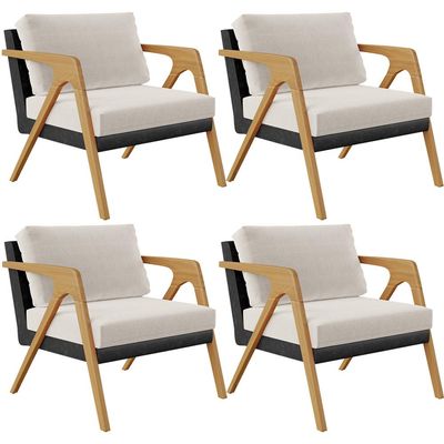 Kit 04 Poltronas Decorativa Para Sala De Estar Pietra L02 Couríssimo Preto Linho Cru - Lyam Decor