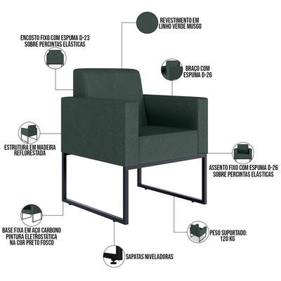 Kit 03 Poltronas Decorativa Sala Recepção Base Fixa De Metal Helô L02 Linho Verde Musgo - Lyam Decor