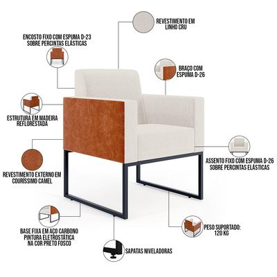 Kit 03 Poltronas Decorativas Sala Base fixa Metal Helô L02 Linho Cru Couríssimo Camel - Lyam Decor