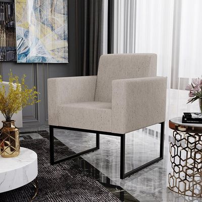 Kit 04 Poltronas Decorativas para Sala Recepção Base Fixa De Metal Helô L02 Linho Bege - Lyam Decor