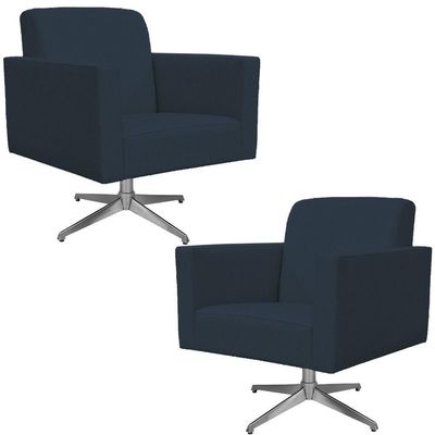 Kit 02 Poltronas Decorativas Base Giratória Sala de Estar Helô L02 Suede Azul Marinho - Lyam Decor