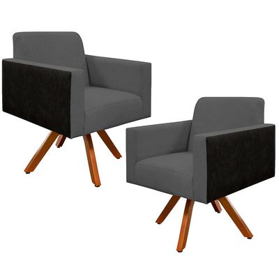 Kit 02 Poltronas Decorativa Base Giratória de Madeira Helô L02 Linho Chumbo Couríssimo Preto - Lyam Decor