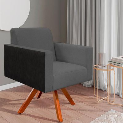 Kit 02 Poltronas Decorativa Base Giratória de Madeira Helô L02 Linho Chumbo Couríssimo Preto - Lyam Decor