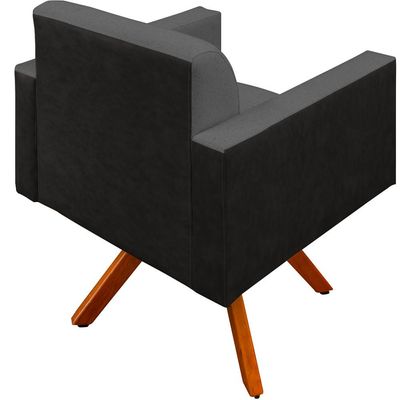 Kit 02 Poltronas Decorativa Base Giratória de Madeira Helô L02 Linho Chumbo Couríssimo Preto - Lyam Decor