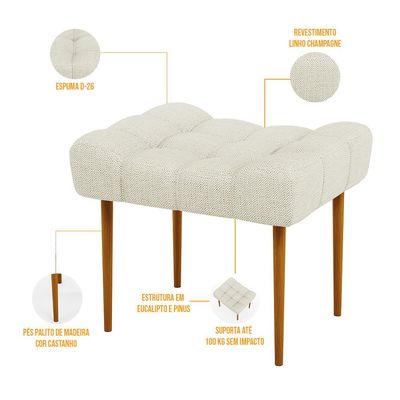 Kit 02 Puffs Decorativo Para Sala De Estar Requinte L02 Linho Champagne - Lyam Decor