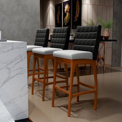 Banqueta Alta Para Cozinha Sala De Jantar Fixa Mila B04 Couríssimo Preto Linho Cinza - Lyam Decor