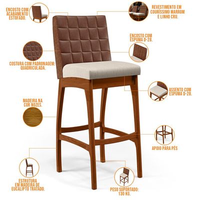 Banqueta Alta Para Cozinha Sala De Jantar Fixa Mila B04 Couríssimo Marrom Linho Cru - Lyam Decor