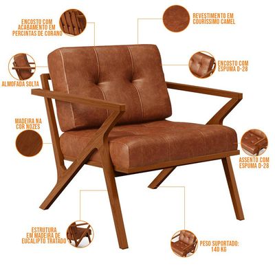 Poltrona Decorativa Sala De Estar Com Cintas De Corano Laís B04 Couríssimo Camel - Lyam Decor