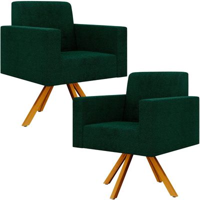 Kit 02 Poltronas Giratórias Sala de Estar Base de Madeira Helô L02 Bouclê Verde - Lyam Decor