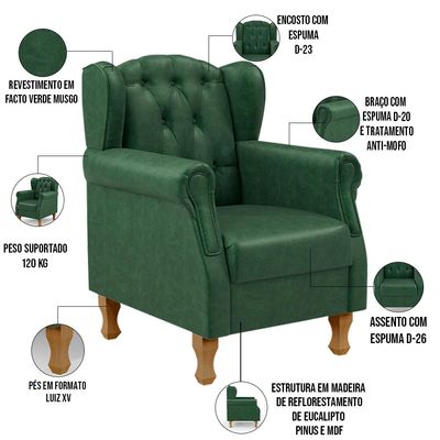 Kit 02 Poltronas Decorativa Para Sala De Estar Yara P02 Facto Verde Musgo - Lyam Decor