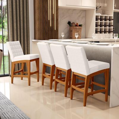 Kit 04 Banquetas Baixa Para Cozinha Bancada Bar Sala de Jantar Fixa Mila L02 Linho Cru - Lyam Decor