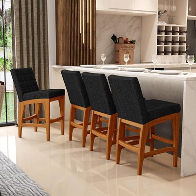 Kit 04 Banquetas Baixa Para Cozinha Bancada Bar Sala Jantar Fixa Mila L02 Linho Chumbo - Lyam Decor