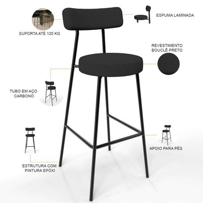 Banqueta Alta Bar Cozinha Sala De Jantar Estrutura Em Aço Milão L02 Bouclê Preto - Lyam Decor