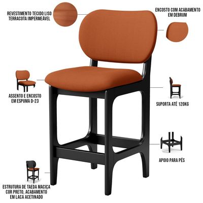 Banqueta Baixa Bar Cozinha E Sala De Jantar Fixa Betta L02 Preto Tecido Terracota - Lyam Decor