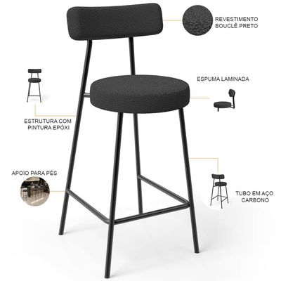 Banqueta Baixa Para Cozinha Sala De Jantar Bar Bancada Milão L02 Bouclê Preto - Lyam Decor