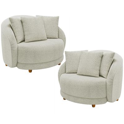 Kit 02 Poltronas Decorativa Sala De Estar Base Fixa De Madeira Witta M03 Bouclê Bege Claro - Lyam Decor