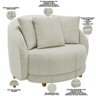 Kit 02 Poltronas Decorativa Sala De Estar Base Fixa De Madeira Witta M03 Bouclê Bege Claro - Lyam Decor