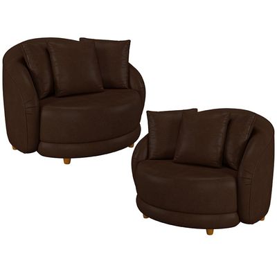 Kit 02 Poltronas Decorativa Sala De Estar Base Fixa De Madeira Witta M03 Corano Marrom - Lyam Decor