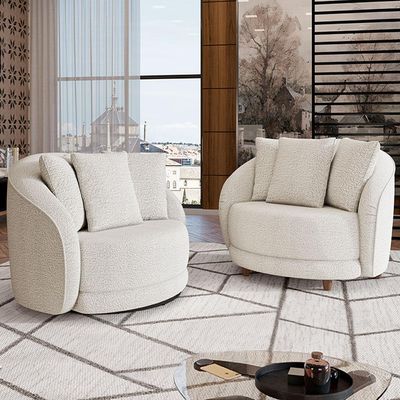 Kit 02 Poltronas Decorativa Sala De Estar Base Fixa De Madeira Witta M03 Bouclê Branco - Lyam Decor