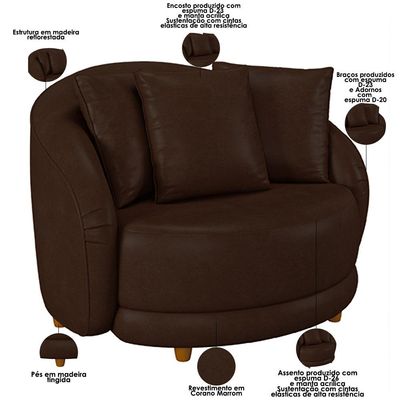 Kit 02 Poltronas Decorativa Sala De Estar Base Fixa De Madeira Witta M03 Corano Marrom - Lyam Decor