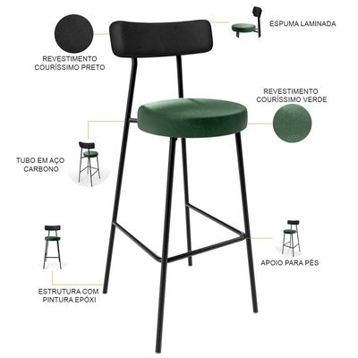 Banqueta Alta Bar Cozinha Sala De Jantar Milão L02 Couríssimo Preto Facto Verde Musgo - Lyam Decor