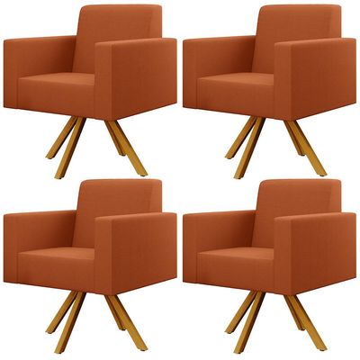 Kit 04 Poltronas Decorativa Base Giratória de Madeira Helô L02 Tecido Terracota - Lyam Decor