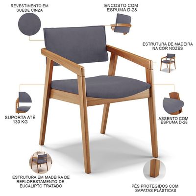 Cadeira Para Sala de Jantar Estar Living Giorgia B04 Suede Cinza - Lyam Decor
