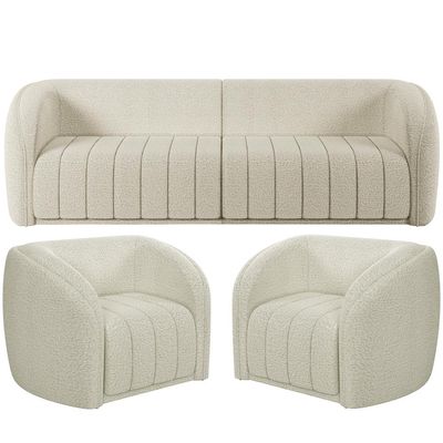 Kit Sofá 04 Lugares Para Sala 292 cm com 02 Poltronas Lazio M03 Bouclê Bege Claro - Lyam Decor
