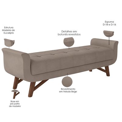 Puff Recamier Decorativo com Pés em Madeira 195 cm Itália P05 Veludo Bege - Lyam Decor