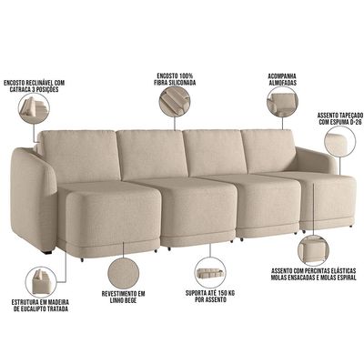 Sofá Cama para Sala de Estar 4 Lugares 356cm Montserrat K01 Linho Bege - Lyam Decor