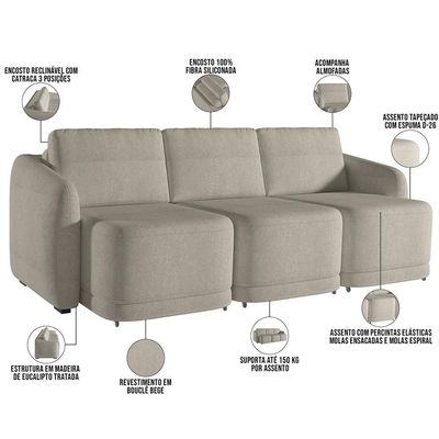 Sofá Cama para Sala de Estar 3 Lugares 306cm Montserrat K01 Bouclê Bege - Lyam Decor