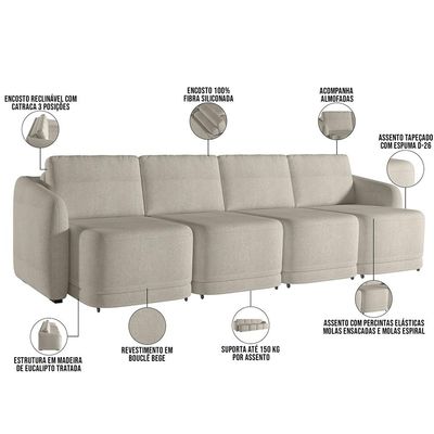 Sofá Cama para Sala de Estar 5 Lugares 436cm Montserrat K01 Bouclê Bege - Lyam Decor