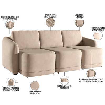 Sofá Cama para Sala de Estar 4 Lugares 336cm Montserrat K01 Veludo Bege - Lyam Decor