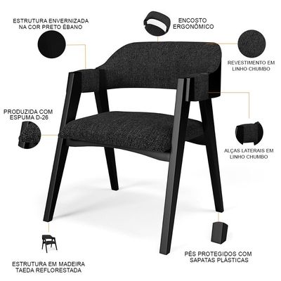 Cadeira Para Sala de Jantar e Estar Living Estofada Suran L02 Preto Linho Chumbo - Lyam