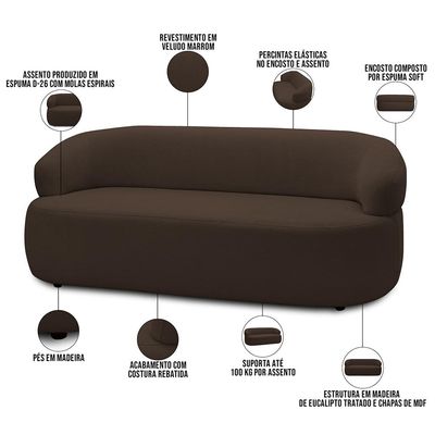 Sofá 2 Lugares Orgânico Sala de Estar Living 140cm Carmen F04 Veludo Marrom - Lyam Decor