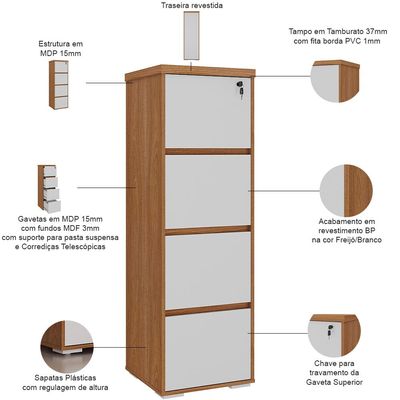 Armário Para Escritório Arquivo 04 Gavetas com Chave Unik A02 Freijó Branco - Lyam Decor