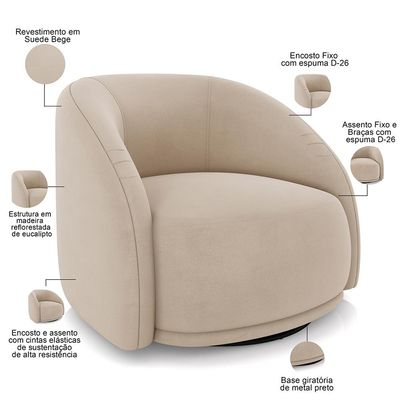 Poltrona Decorativa Giratória Angelina M03 Veludo Bege - Lyam Decor