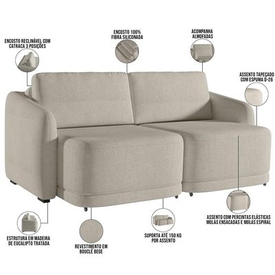 Sofá Cama para Sala de Estar 2 Lugares 176cm Montserrat K01 Bouclê Bege - Lyam Decor