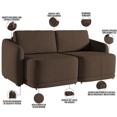 Sofá Cama para Sala de Estar 3 Lugares 236cm Montserrat K01 Veludo Marrom - Lyam Decor