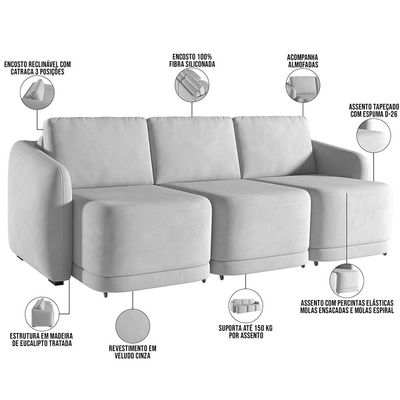 Sofá Cama para Sala de Estar 3 Lugares 246cm Montserrat K01 Veludo Cinza - Lyam Decor