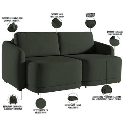 Sofá Cama para Sala de Estar 2 Lugares 216cm Montserrat K01 Veludo Verde - Lyam Decor
