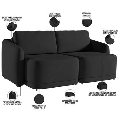 Sofá Cama para Sala de Estar 2 Lugares 216cm Montserrat K01 Veludo Preto - Lyam Decor