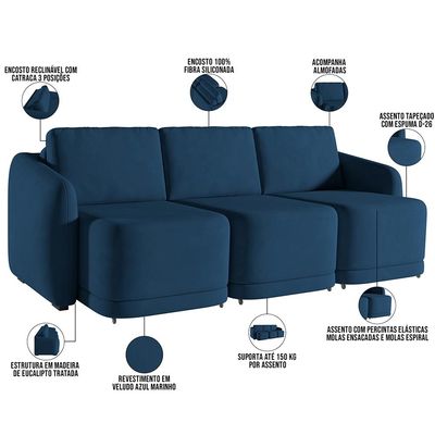 Sofá Cama para Sala de Estar 3 Lugares 246cm Montserrat K01 Veludo Azul Marinho - Lyam Decor
